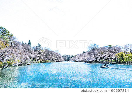 櫻花盛開，池塘里有船[彩色鉛筆] 69607214