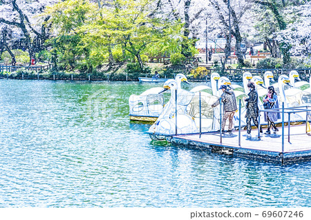 Cherry blossoms in full bloom and boat in the pond [colored pencils] 69607246