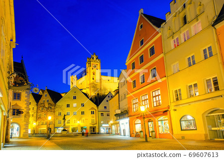 Fussen town Cityscape at night in Bavaria, Germany. Fussen town Cityscape at night in Bavaria, Germany. 69607613