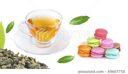cup of hot tea set with macaroons cup of hot tea set with macaroons 69607738