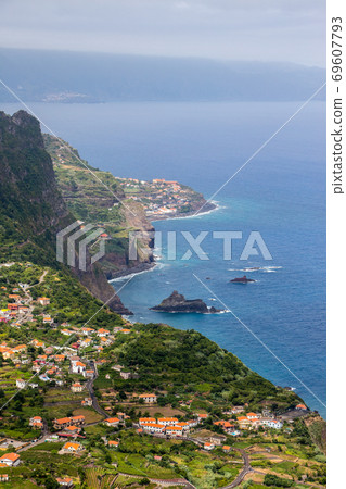 Ponta delgada in madeira north coast panorama mountain view sea Ponta delgada in madeira north coast panorama mountain view sea 69607793