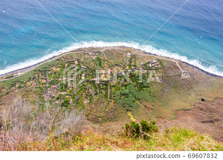Aerial view madeira portugal achadas da cruz agriculture area near the sea waves Aerial view madeira portugal achadas da cruz agriculture area near the sea waves 69607832