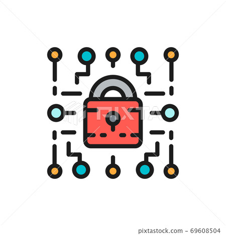 Cyber lock, web security, cryptography flat color line icon. 69608504