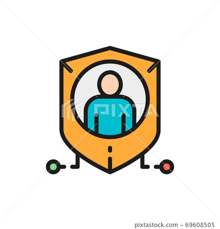 Shield with person, personal protection, privacy flat color line icon. 69608505