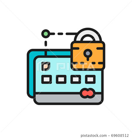 Credit card with lock, web security flat color line icon. Credit card with lock, web security flat color line icon. 69608512