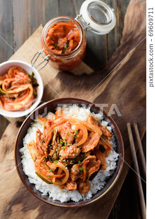 Stir fried kimchi with pork on cooked, Korean food Stir fried kimchi with pork on cooked, Korean food 69609711