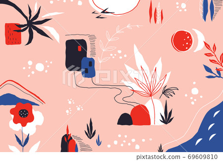 Scribble background. Modern colored pattern with exotic leaves and abstract trendy shapes. Vector hand drawn painted collage Scribble background. Modern colored pattern with exotic leaves and abstract trendy shapes. Vector hand drawn painted collage 69609810