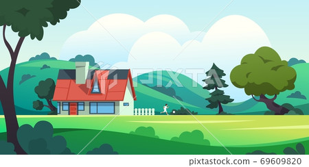 Forest house. Countryside cartoon landscape with rural building among trees and summer nature scene. Vector illustration with home and running kid Forest house. Countryside cartoon landscape with rural building among trees and summer nature scene. Vector illustration with home and running kid 69609820