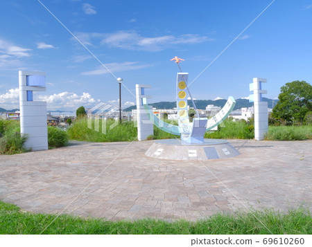 A monument in the air front oasis of the park "Shimogawara Ryokuchi" overlooking Osaka International Airport A monument in the air front oasis of the park "Shimogawara Ryokuchi" overlooking Osaka International Airport 69610260