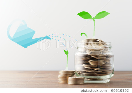 Image of increasing money. A photo of the money saved in the bottle and an illustration of plant sprouts and watering. 69610592
