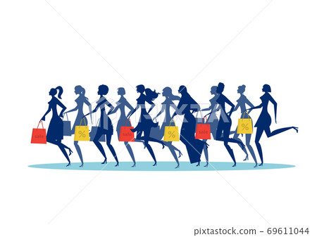 Many woman silhouette running  with shopping bags. Black friday sale  Vector illustration. Isolated on white background 69611044