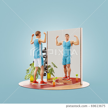 Young skinny man looking in the mirror and imagining herself as muscular bodybuilder. Young skinny man looking in the mirror and imagining herself as muscular bodybuilder. 69613675