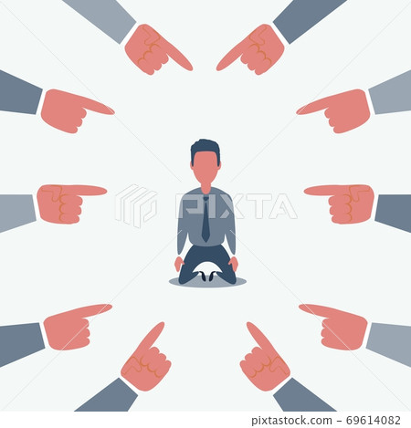 Plenty of crop hands fingers pointing at young man feeling guilty and being introvert. Man character 69614082