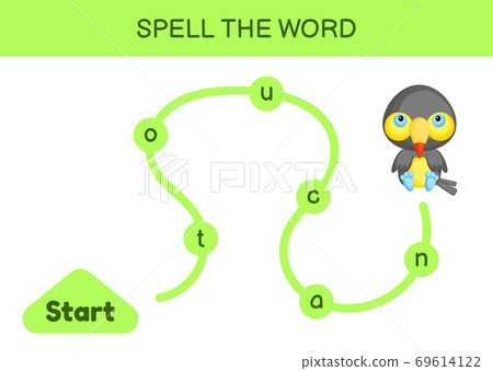 Maze for kids. Spelling word game template. Learn to read word toucan, printable worksheet. Activity page for study English. Educational activity for development of children. Vector illustration. Maze for kids. Spelling word game template. Learn to read word toucan, printable worksheet. Activity page for study English. Educational activity for development of children. Vector illustration. 69614122