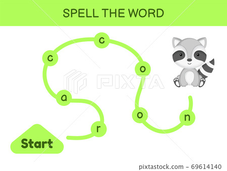 Maze for kids. Spelling word game template. Learn to read word raccoon, printable worksheet. Activity page for study English. Educational activity for development of children. Vector illustration. 69614140