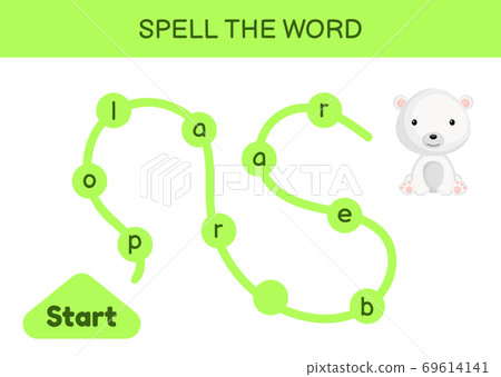 Maze for kids. Spelling word game template. Learn to read word polar bear, printable worksheet. Activity page for study English. Educational activity for development of children. Vector illustration. Maze for kids. Spelling word game template. Learn to read word polar bear, printable worksheet. Activity page for study English. Educational activity for development of children. Vector illustration. 69614141