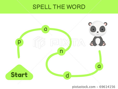 Maze for kids. Spelling word game template. Learn to read word panda, printable worksheet. Activity page for study English. Educational activity for development of children. Vector stock illustration. 69614156