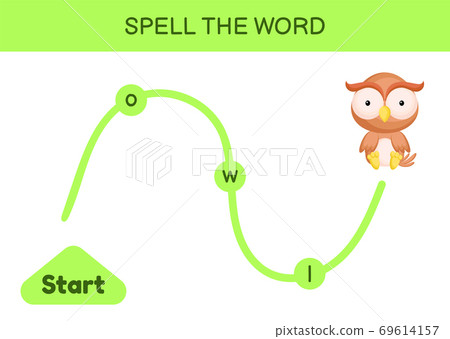 Maze for kids. Spelling word game template. Learn to read word owl, printable worksheet. Activity page for study English. Educational activity for development of children. Vector stock illustration. 69614157