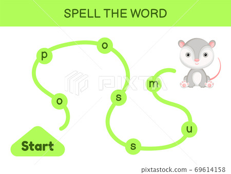 Maze for kids. Spelling word game template. Learn to read word opossum, printable worksheet. Activity page for study English. Educational activity for development of children. Vector illustration. 69614158