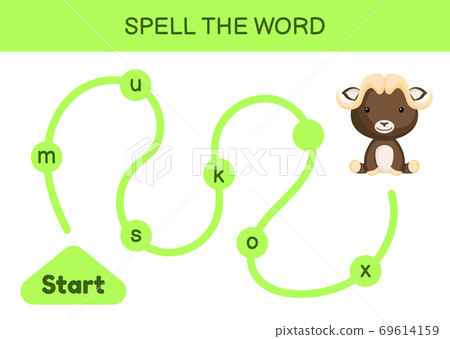 Maze for kids. Spelling word game template. Learn to read word musk ox, printable worksheet. Activity page for study English. Educational activity for development of children. Vector illustration. 69614159