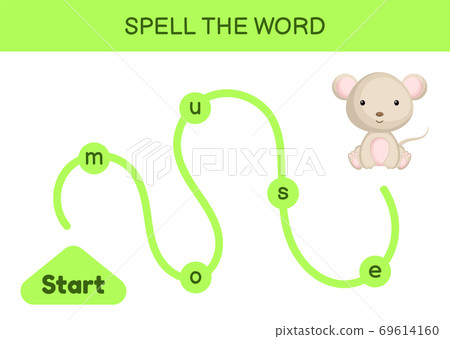 Maze for kids. Spelling word game template. Learn to read word mouse, printable worksheet. Activity page for study English. Educational activity for development of children. Vector stock illustration. 69614160