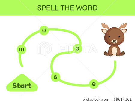 Maze for kids. Spelling word game template. Learn to read word moose, printable worksheet. Activity page for study English. Educational activity for development of children. Vector stock illustration. Maze for kids. Spelling word game template. Learn to read word moose, printable worksheet. Activity page for study English. Educational activity for development of children. Vector stock illustration. 69614161