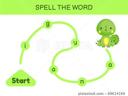 Maze for kids. Spelling word game template. Learn to read word iguana, printable worksheet. Activity page for study English. Educational activity for development of children. Vector illustration. Maze for kids. Spelling word game template. Learn to read word iguana, printable worksheet. Activity page for study English. Educational activity for development of children. Vector illustration. 69614169