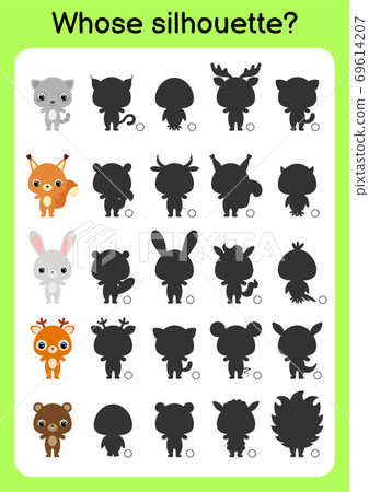 Game template find correct shadow. Matching game for children. Educational activity page for preschool years kids and toddlers. Set of cartoon animals. Colorful vector stock illustration. 69614207