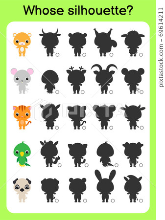 Game template find correct shadow. Matching game for children. Educational activity page for preschool years kids and toddlers. Set of cartoon animals. Colorful vector stock illustration. 69614211