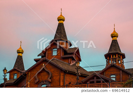 wooden architecture dome of a modern Orthodox Christian church 69614912