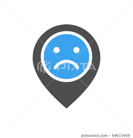 Location mark with sad face colored icon. Customer unsatisfaction, dislike, rating, negative feedback symbol 69615409