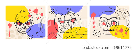 Halloween abstract art painting. Hand drawn contour lines of Dracula face, pumpkin, skull. 69615773