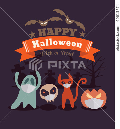 Halloween cartoon characters wearing face mask. Halloween cartoon characters wearing face mask. 69615774