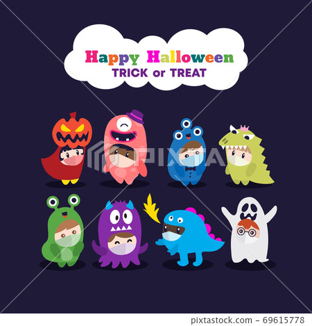 Kids in Halloween costume wearing face mask. 69615778