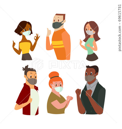 Man and Women wearing face mask gesturing Ok Sign, Showing Thumb Up. 69615781