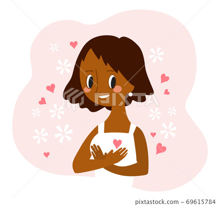 Love yourself. Young african american woman hugging herself. Love yourself. Young african american woman hugging herself. 69615784