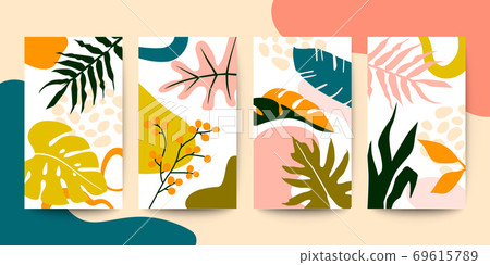 Set of abstract colorful floral art leaves on white vertical background 69615789