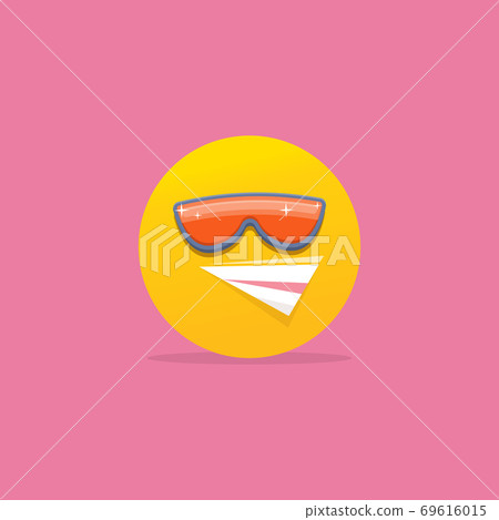Smiling face with sunglasses emoji isolated on pink background. Smile icon or label. Social media sign 69616015
