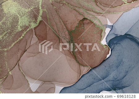 Alcohol ink pink abstract background. Faded watercolor texture with golden glitter. Pale paint stains illustration. Alcohol ink pink abstract background. Faded watercolor texture with golden glitter. Pale paint stains illustration. 69618128