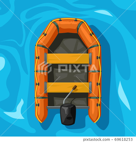 orange color inflatable boat on blue water 69618253