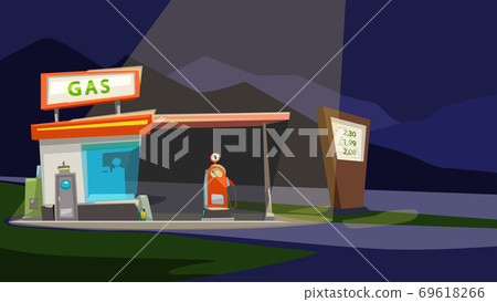 cartoon gas station at night with light 69618266