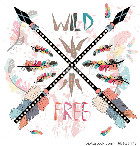 Wild and Free print with ethnic arrows. Boho style, home decor, poster, card and web banner, blog, advertisement. 69619473