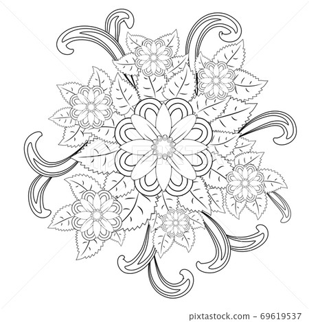 Black and white circle flower ornament, ornamental round lace design. Floral mandala 69619537