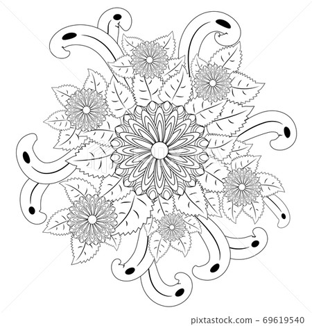 Black and white circle flower ornament, ornamental round lace design. Floral mandala 69619540