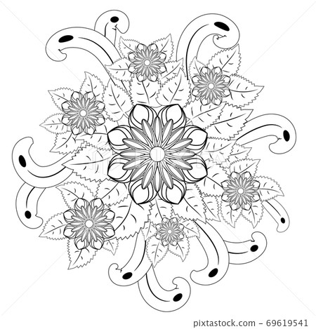floral mandalaa stylized circular ornament. floral mandala. black-and-white drawing. coloring book for children and adults. page for artbook. 69619541