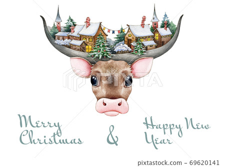 Funny bull with big horns and christmas village. Funny bull with big horns and christmas village. 69620141