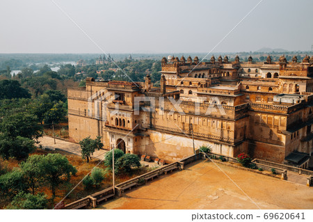 Panoramic view of Orchha Fort Raja Mahal ancient ruins in Orchha, India Panoramic view of Orchha Fort Raja Mahal ancient ruins in Orchha, India 69620641