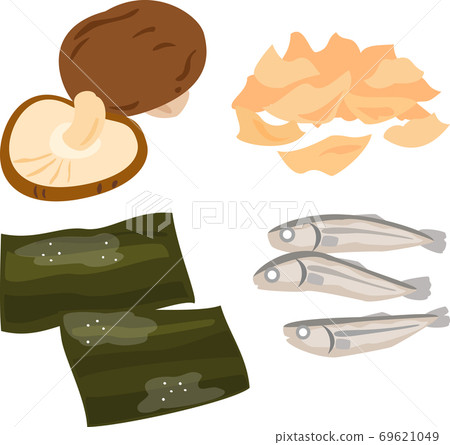 Ingredients for soup stock (dried shiitake mushrooms, kelp, dried bonito, dried sardines) 69621049