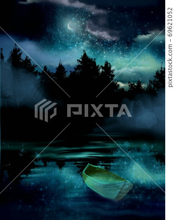 星星在夜空中閃閃發光,月亮和獨木舟漂浮在湖中 星星在夜空中閃閃發光,月亮和獨木舟漂浮在湖中 69621052