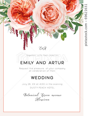 Wedding invite card, invitation. Pale coral & dusty peach roses, astrantia plant, pink heather flowers, burgundy red amaranth, eucalyptus, asparagus fern leaves & herbs vector, watercolor illustration 69621631
